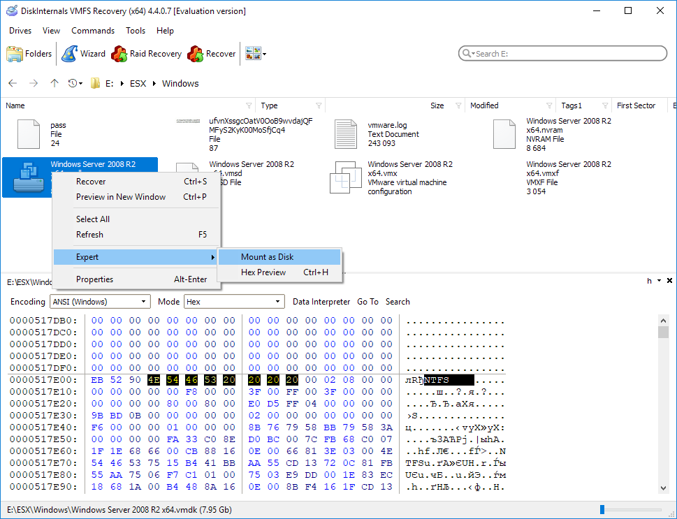 screen with Expert->Mount recovered *.VMDK as Disk